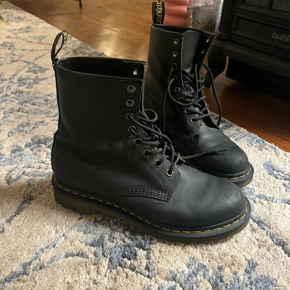 Dr. Martens Black Leather 8-Eye Lace-Up Boots with Yellow Stitching
